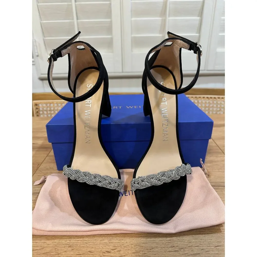 Stuart Weitzman Nearlynude Highshine Sandal Black Suede Sz 7 NIB Elegant Dressy
